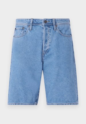 Light blue denim shorts with a classic five-pocket design, button closure, and straight leg cut, featuring faded texture and stitching accents.
