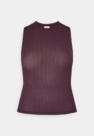 Burgundowa, prążkowana bluzka bez rękawów z wysoką szyją, dopasowany krój i gładka faktura. Posiada czysty, wykończony dół.