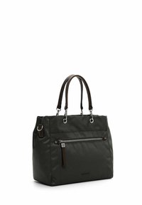 Bolsa de tela de color verde oscuro con acentos de cuero marrón, doble asa, herrajes plateados y un bolsillo con cremallera en la parte frontal. Superficie texturizada.