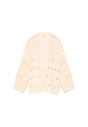 Crèmekleurige open voorkant gebreide cardigan met een losse, luchtige patroon en lange mouwen.