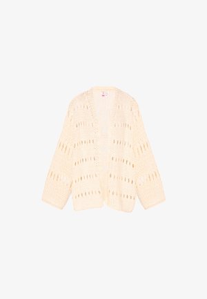 Krém színű, nyitott frontú kötött kardigán, laza, légies mintával és hosszú ujjakkal.