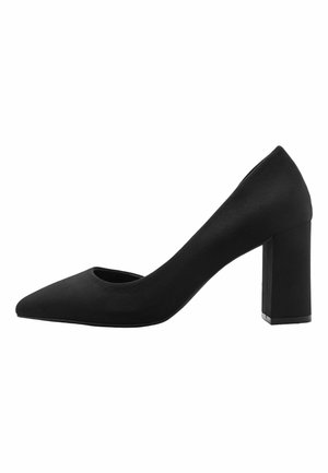 Escarpin noir pour femme avec bout pointu et talon bloc épais, montré de profil sur fond blanc.