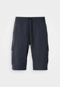 Shorts cargo navy avec une taille élastique, un cordon de serrage à l'avant, des poches latérales et une texture douce. Tissu durable adapté à un usage décontracté.