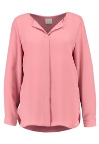 Blouse rose à manches longues en tissu lisse avec un décolleté en V, une fermeture à bouton sur le devant et un ourlet arrondi. Design épuré sans motifs.