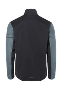 Giacca da uomo nera e grigia, con colletto alto, spalle imbottite e un design elegante. Materiale resistente alle intemperie con una texture liscia.
