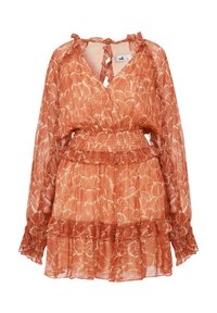 Blumendruckkleid in Rostfarbe mit langen Ärmeln, Rüschen-Details, einem Schlüsselloch-Ausschnitt und einem elastischen Taillenbund. Hüftlang mit einem schichten Rock.