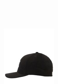 Black cap with a curved brim, made from fabric. Features a white graphic on the front and ventilation holes on the crown. Flat back design.