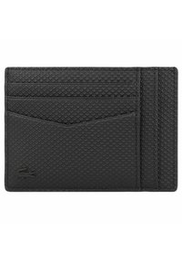 Zwarte textuur cardholder van synthetisch materiaal, met meerdere kaartvakken, een strak ontwerp en een logodetail aan de voorkant.