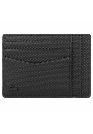 Black textured cardholder made of synthetic material, featuring multiple card slots, a sleek design, and a logo detail on the front.