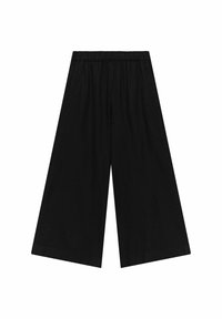 Zwarte wijde broek van zacht materiaal met een elastische tailleband en zakken, met een losse, relaxte pasvorm voor comfort.