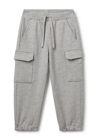 Graue Jogginghosen mit ribbeltem Taillenbund, Kordelzugverschluss und zwei großen Seitentaschen. Elastische Bündchen am Saum. Weiche Textur.