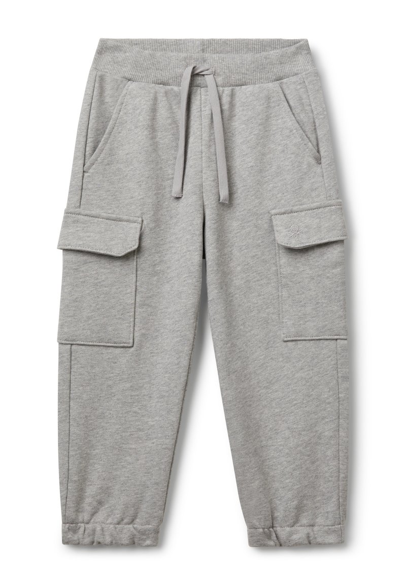 Graue Jogginghosen mit ribbeltem Taillenbund, Kordelzugverschluss und zwei großen Seitentaschen. Elastische Bündchen am Saum. Weiche Textur.