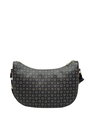 Borsa a tracolla a forma di mezzaluna marrone scuro con motivo ripetuto del logo circolare marrone chiaro "P" e zip dorata sulla parte superiore.