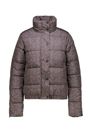 Veste en duvet avec un col haut, motif en chevrons marron, design rembourré, boutons sur le devant et poignets élastiques. Tissu texturé et chaud.