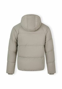 Beige pufferjakke med hætte, der har et quiltet design, elastiske manchetter og en lige pasform. Glat tekstur med minimale syninger.