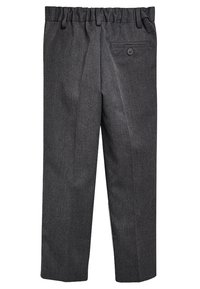 Pantalons gris en tissu texturé, dotés d'une taille élastique et d'une poche arrière avec un détail de bouton. Coupe jambe droite.