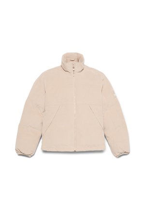 Beige corduroy-takki korkealla kauluksella, vetoketjukiinnitys, etutaskut ja resorihihnat. Kankainen, laatikkomainen muotoilu.