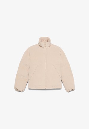 Beige Cordjacke mit hohem Kragen, Reißverschluss, Taschen vorne und elastischen Bündchen. Strukturiertes, kastiges Design.