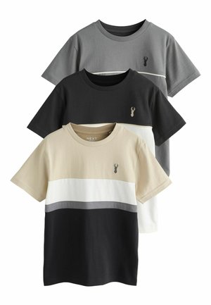 Set of three T-shirts in beige, black, and grey, featuring horizontal color-block stripes and small emblem on the chest. Cotton material.