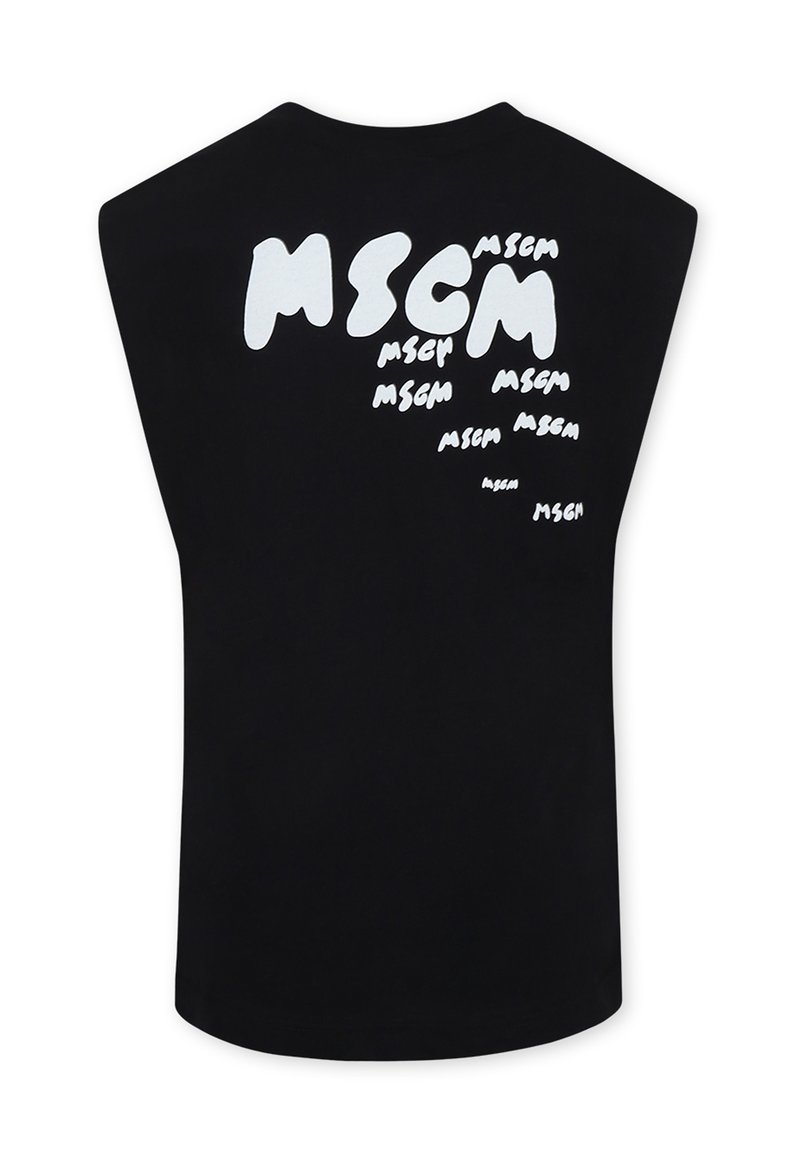 Maglietta nera senza maniche con un design grafico ripetuto in bianco che mostra la scritta "MSCM" in diverse dimensioni e orientamenti sul retro.