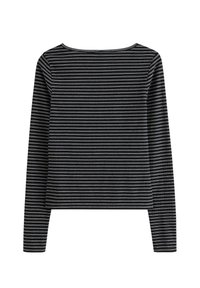 Maglia a maniche lunghe nera con strisce bianche. Tessuto morbido, scollo rotondo, vestibilità dritta. Design minimalista con motivo classico.