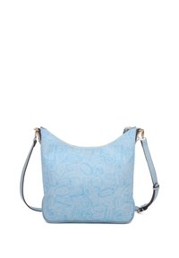 Borsa a spalla di colore azzurro chiaro con un design a motivo e vari grafica simili a francobolli. Realizzata in materiale sintetico con una sola tracolla regolabile.