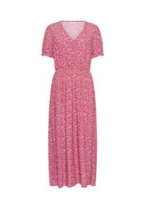 Rózsaszín midi ruha rövid fodros ujjakkal, V-nyakkivágással, rugalmas derékkal és apró, több színű virágmintával az egész darabon.