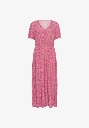 Rózsaszín midi ruha rövid fodros ujjakkal, V-nyakkivágással, rugalmas derékkal és apró, több színű virágmintával az egész darabon.