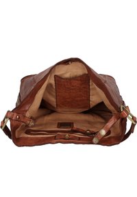 Borsa in pelle marrone con un ampio interno; foderatura in tessuto beige, una piccola tasca e dettagli in metallo. Presenta una finitura morbida e testurizzata.