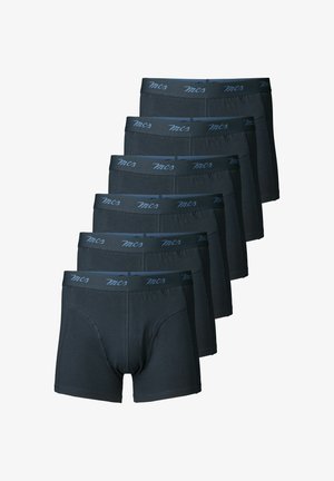 Hét darab fekete pamut boxer alsónemű kék derékkal, amelyen a "MCS" márkaneve található, harmonizáló színben. Sima textúra, szabványos illeszkedés.