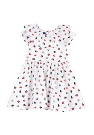 Weißes Kurzarmkleid mit Rundhalsausschnitt, ausgestattet mit einem Rüschenkragen und einem Herzmuster in Rot, Marineblau und Grau. Ausgestelltes Rockdesign.