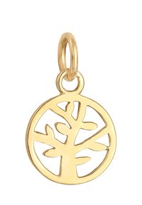 Goldener Baumzweig-Anhänger mit filigranem Design. Runde Form, strukturierte Oberfläche und eine kleine Schlaufe zur Befestigung.