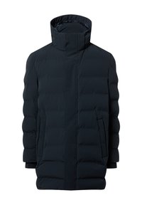 Marineblauwe gewatteerde parka jas met een hoge kraag, ritssluiting aan de voorkant en twee zijzakken. Heeft een glad, synthetisch materiaal en een doorgestikte textuur.