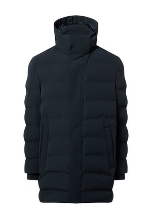 Marineblauwe gewatteerde parka jas met een hoge kraag, ritssluiting aan de voorkant en twee zijzakken. Heeft een glad, synthetisch materiaal en een doorgestikte textuur.