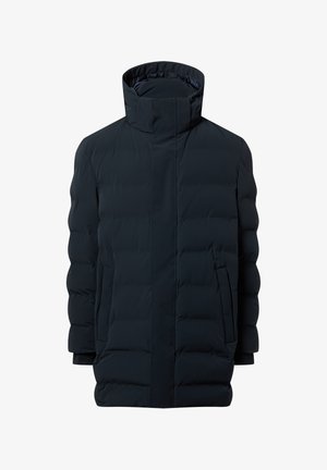 Marineblauwe gewatteerde parka jas met een hoge kraag, ritssluiting aan de voorkant en twee zijzakken. Heeft een glad, synthetisch materiaal en een doorgestikte textuur.