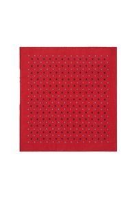 Czerwony kwadratowy materiał z równomiernie rozmieszczonymi małymi czarno-białymi wzorami kwiatowymi ułożonymi w siatkę.
