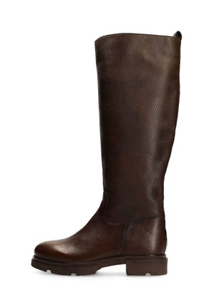 Brown leather knee-high boots with a textured finish, rounded toe, and sturdy rubber sole, featuring a smooth upper and minimal accents.