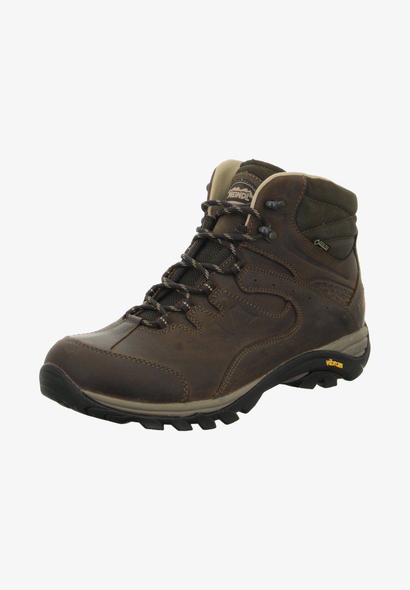 Brauner Lederwanderstiefel mit hohem Knöchel, strukturiertem Obermaterial, schwarzer Gummisohle und verstärkter Zehenkappe. Enthält Metallösen und Logodetail.