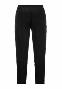 Pantaloni sportivi neri con vita elastica, gambe affusolate e tasche laterali imbottite. Realizzati in tessuto liscio senza motivi visibili.