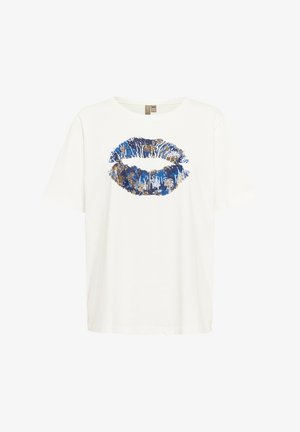 White cotton t-shirt featuring a blue and gold lip print design at the center. Short sleeves and crew neckline with a relaxed fit.