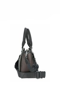 Grau- und schwarze Lederhandtasche mit zwei Griffen und einem abnehmbaren Schultergurt. Verfügt über Metallbeschläge, eine strukturierte Oberfläche und einen dekorativen Anhänger.
