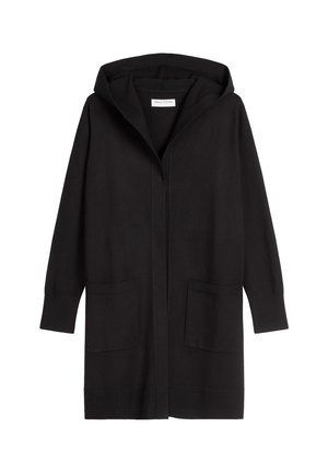 Cardigan lavorato a maglia nero con cappuccio, apertura frontale, maniche lunghe e due tasche davanti. Tessuto morbido con una vestibilità comoda.