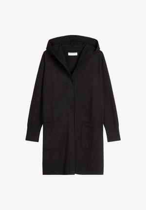 Cardigan lavorato a maglia nero con cappuccio, apertura frontale, maniche lunghe e due tasche davanti. Tessuto morbido con una vestibilità comoda.