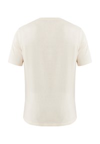 Světle béžové tričko s krátkým rukávem, kulatým výstřihem, hladkou texturou a mírně zakřiveným lemem, bez potisku nebo ozdob.