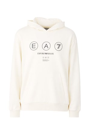 Felpa con cappuccio bianca con tasca frontale, con logo "EA7" e marchio Emporio Armani in nero sul petto.