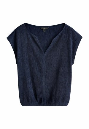 Marineblå kortærmet bluse med tekstureret stof og V-hals, der har en løs pasform og elastisk kant.
