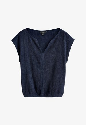 Tengerészkék, rövid ujjú blúz texturált anyagból, V-nyakkivágással, laza szabással és gumírozott szegéllyel.
