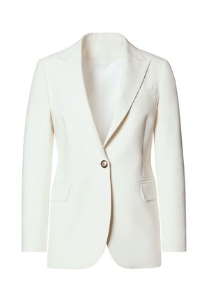 Biały żakiet z wyraźnymi klapami, zapięciem na jeden złoty guzik, dwiema przednimi kieszeniami oraz gładkim, teksturowanym materiałem.