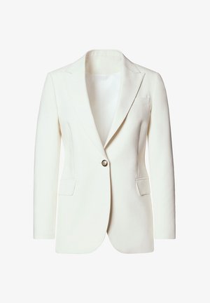 Biały żakiet z wyraźnymi klapami, zapięciem na jeden złoty guzik, dwiema przednimi kieszeniami oraz gładkim, teksturowanym materiałem.