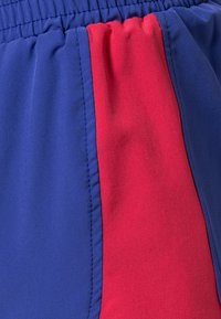 Pantalones cortos azules con una franja lateral roja, hechos de un tejido suave. Cuentan con una cintura elástica y costuras cosidas para mayor durabilidad.